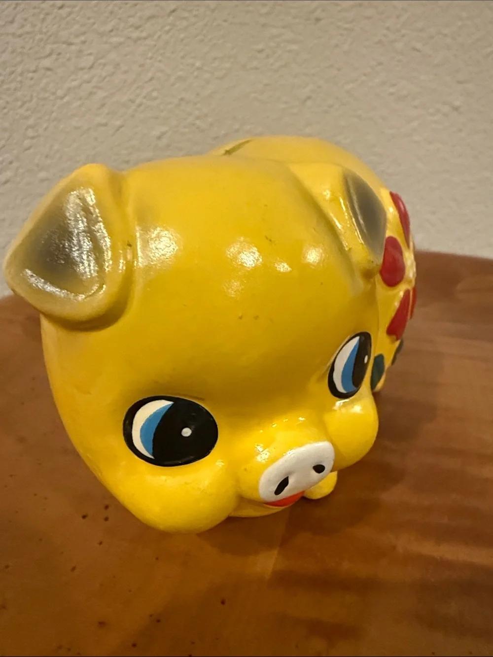 Vintage Kitschy Yellow Chalkware Piggy Bank with Red Flower